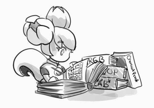 Image of Kiki looking confused through books.