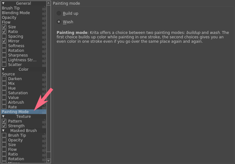 Brush painting mode selection in the GUI