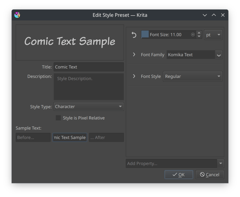 Window for creating a style preset. It shows a "Comic Text" style, using the font "Komika Text" at 11 points.