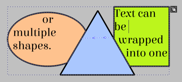 Text wrapped into a green rectangle and an orange ellipse. A blue triangle overlaps both.