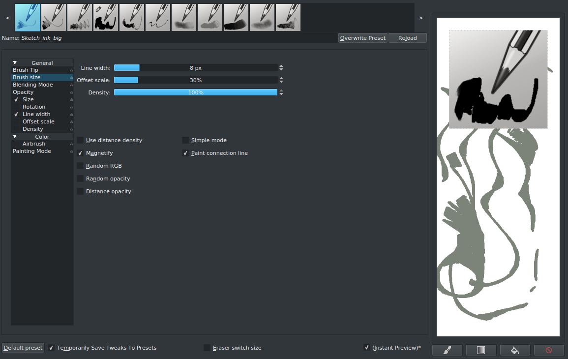 Settings for the brush to create the caustic lines.