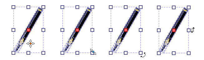Od lewej do prawej: umieszczenie, zmiana rozmiaru, kąt oraz odkształcenie.