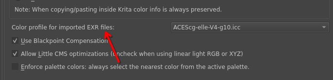 screenshot of Color profile for imported EXR images selector