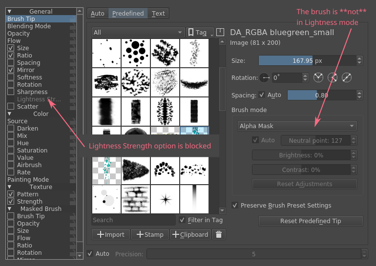 Lightness strength is disabled for non-lightness brushes