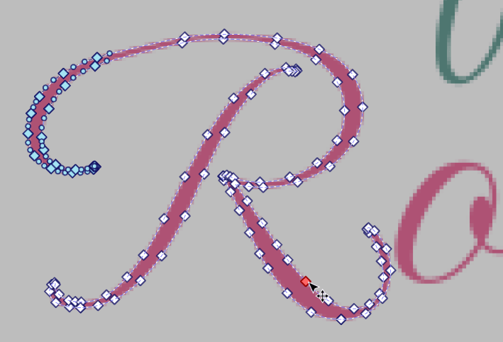 A close up of the letter "R", now converted to a path.