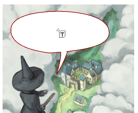 Same image of the witch. The empty speech bubble is outlined in red, and the cursor that now hovers over the balloon is showing a "T" in a shape.